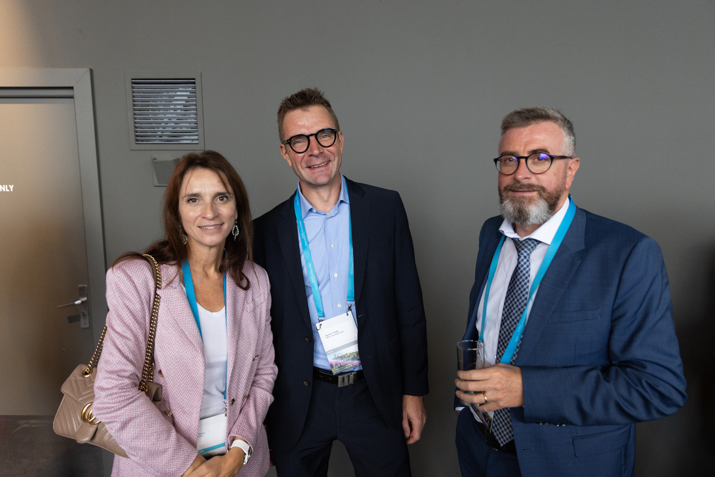 Isa Ribeiro (Clearstream, left), Sandro Franke (HSBC Continental Europe, centre) seen at the Clearstream Fund Summit on 12 October 2023 at the Kinepolis in Kirchberg. Photo: Romain Gamba/Maison Moderne