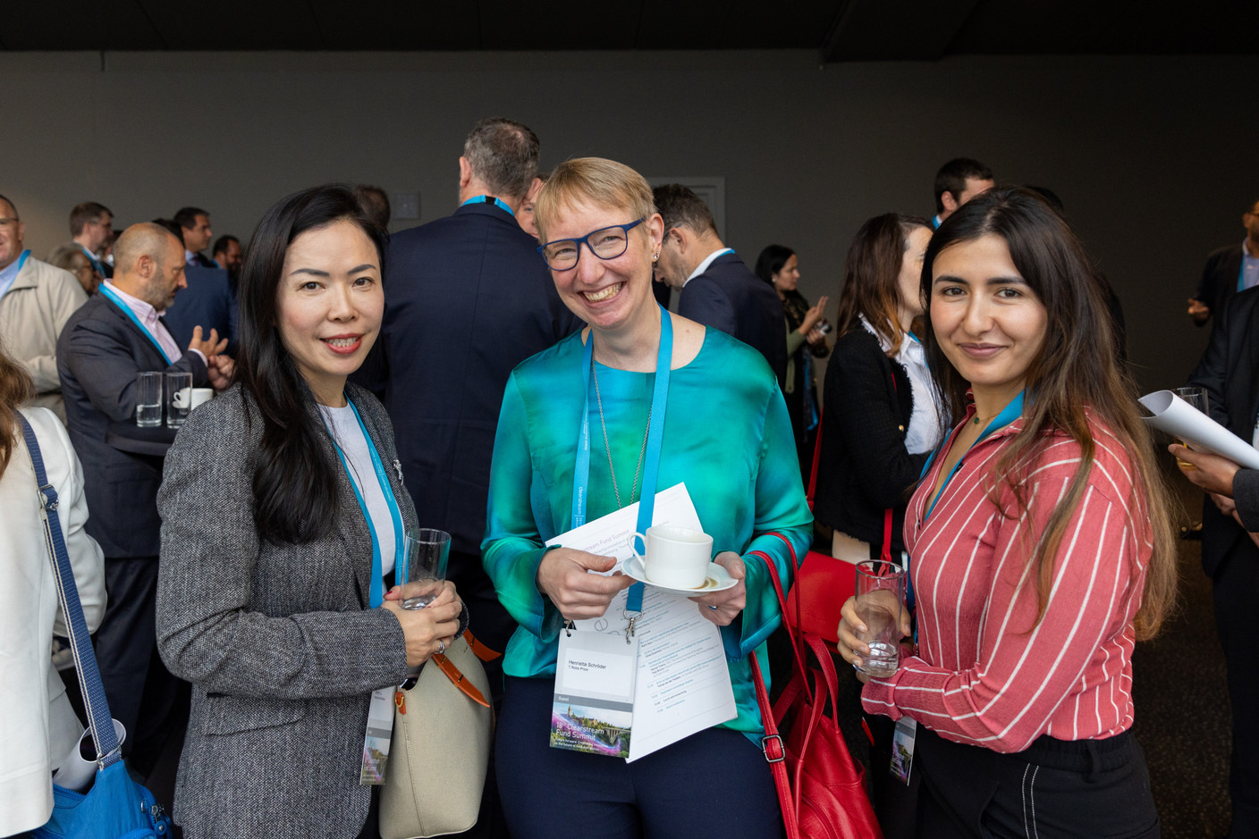 Sherry Lu (Hauck & Aufhäuser, left), Henrietta Schrõder (T. Robe Price, centre), Fonal Belkasmi (right) seen at the Clearstream Fund Summit on 12 October 2023 at the Kinepolis in Kirchberg. Photo: Romain Gamba/Maison Moderne