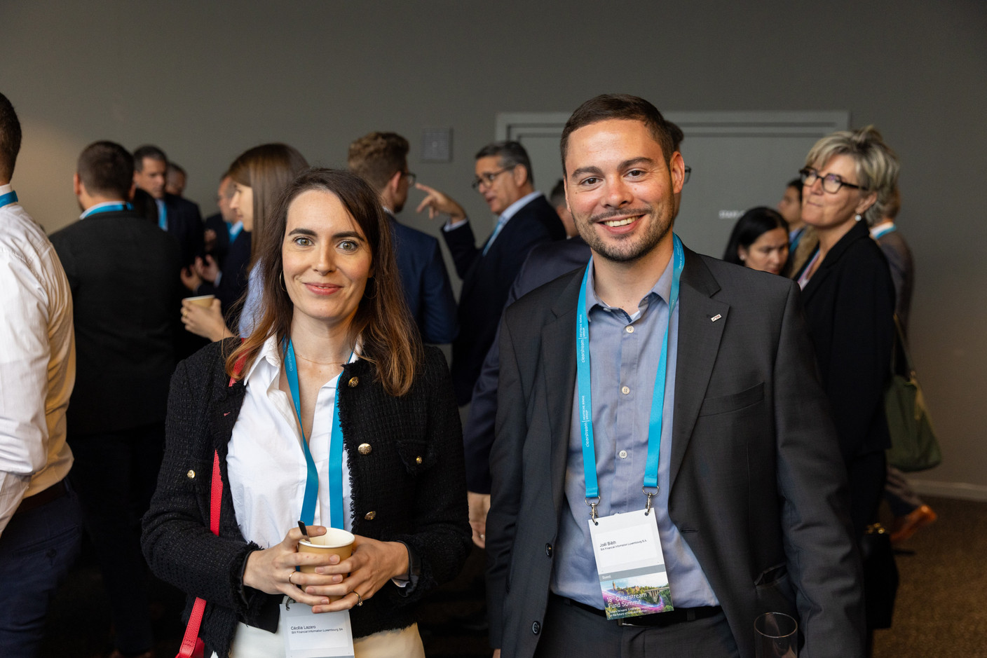 Cécilia Lazaro (Six Financial Information Luxembourg) and Joël Bièth (Six Financial Information Luxembourg) seen at the Clearstream Fund Summit on 12 October 2023 at the Kinepolis in Kirchberg. Photo: Romain Gamba/Maison Moderne