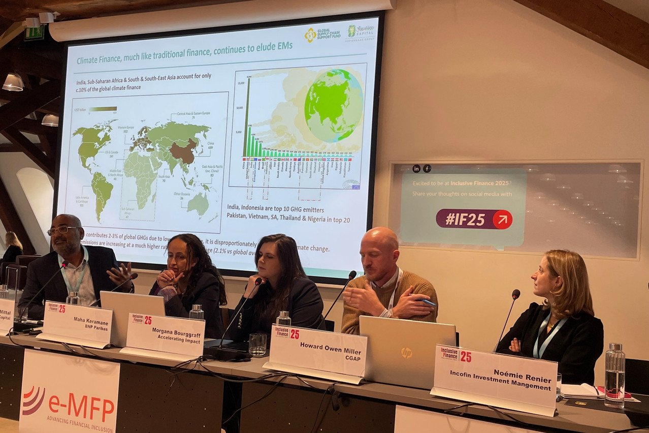 “American and European banks are saying we are still going to do the green one, but we're not going to talk about it,” said Howard Owen Miller, climate adaptation and resilience consultant at CGAP, during the panel discussion “From greenwashing to greenhushing: traversing the new realities in climate adaptation investing” on 13 November 2025 at the Inclusive Finance 25 in Luxembourg hosted by e-MFP.  Photo: Sylvain Barrette