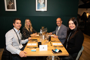 Ludwy Monfort (CK--Charles Kieffer Group), Eugénie Desmet (Office Freylinger), Fabrice Verniani (Digidox Lux) and Aurora Boni (Boni Beauty Clinic) at the Paperjam+Delano Business Club carrousel lunch held at the Brasserie de l’Écurie on 10 November 2023. Photo: Eva Krins / Maison Moderne