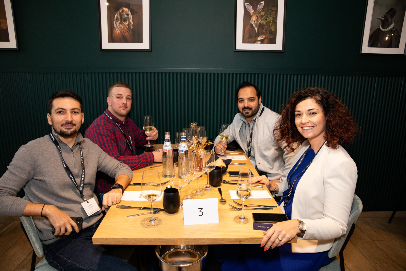Raul Nicu (Mura Cube), Thibault Antoine (Wine Brother), Lawrence Azar (Korus Group) and Lorrene Assuncao (NTT Data) at the Paperjam+Delano Business Club carrousel lunch held at the Brasserie de l’Écurie on 10 November 2023. Photo: Eva Krins / Maison Moderne