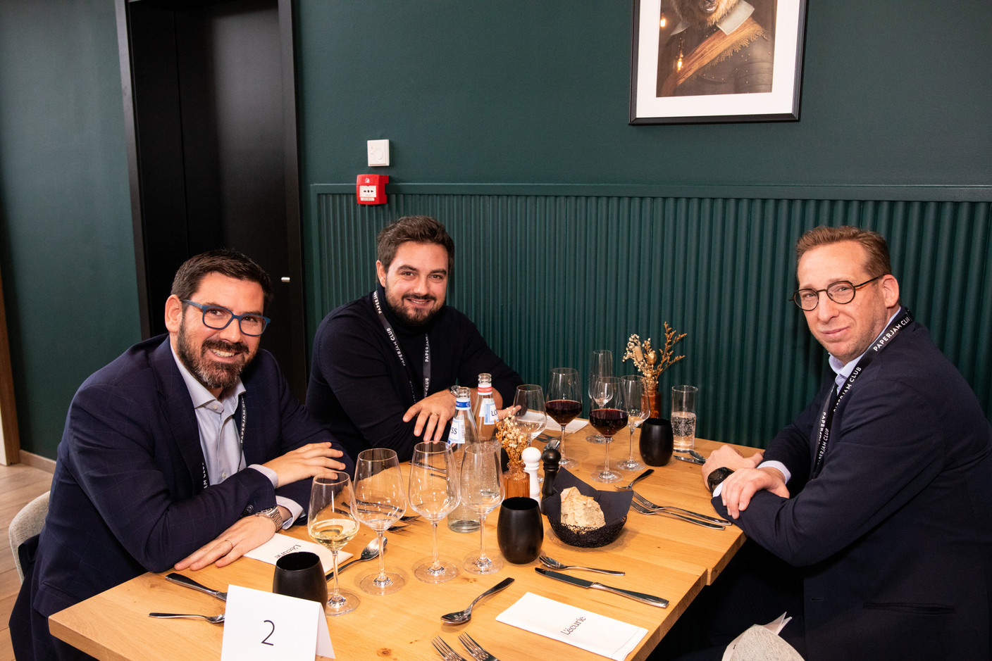 Matthieu Chasseur (Collaboration Betters The World--CBTW), Sevguy Jalabert (Pilot@ge) and Davy De Regge (Iconnect) at the Paperjam+Delano Business Club carrousel lunch held at the Brasserie de l’Écurie on 10 November 2023. Photo: Eva Krins / Maison Moderne