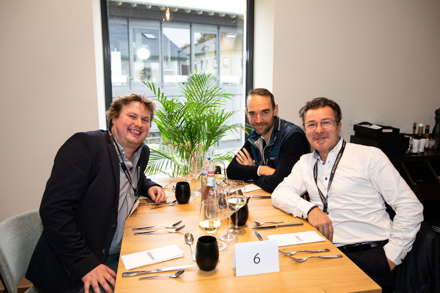 Laurent-Nicolas Marin (De Belsch), Jérôme Dierickx (Terra Matters) and Eric Peiffer (CPO--Chapier Office) at the Paperjam+Delano Business Club carrousel lunch held at the Brasserie de l’Écurie on 10 November 2023. Photo: Eva Krins / Maison Moderne