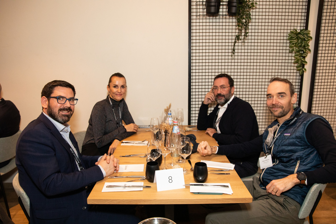 Matthieu Chasseur (Collaboration Betters The World--CBTW), Theresa Fritzche (That Design), Laurent Chapelle (RH Expert) and Jérôme Dierickx (Terra Matters) at the Paperjam+Delano Business Club carrousel lunch held at the Brasserie de l’Écurie on 10 November 2023. Photo: Eva Krins / Maison Moderne