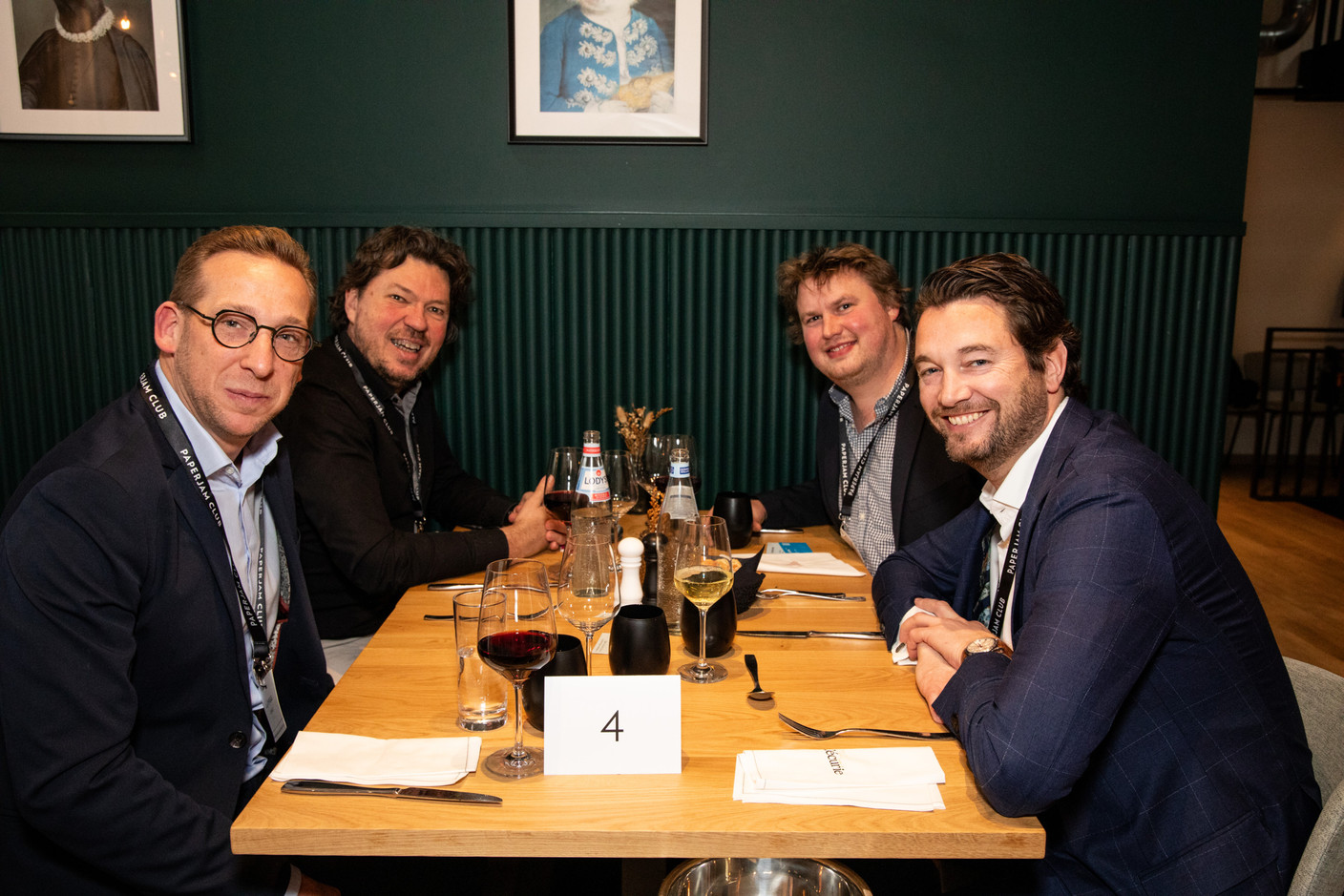 Davy De Regge (Iconnect), Luc Berhin (ALD Automotive), Laurent-Nicolas Marin (De Belsch) and Joost Knabben (Vistra) at the Paperjam+Delano Business Club carrousel lunch held at the Brasserie de l’Écurie on 10 November 2023. Photo: Eva Krins / Maison Moderne