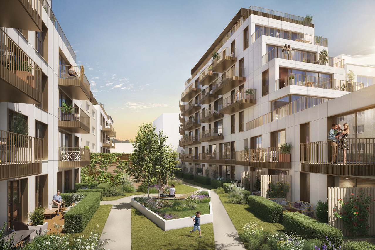 Le projet Caractères développé par Codic à Hollerich rassemble 120 logements autour d’un espace vert central. (Illustration: Codic Luxembourg)