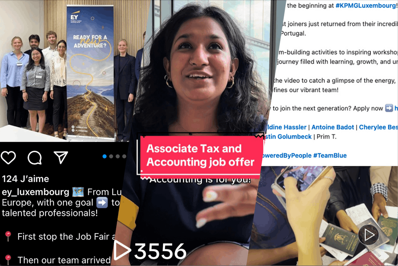 Des vidéos courtes sur TikTok, des témoignages de salariés sur Linkedin ou encore des retours en images sur des événements internes sur Instagram… Voici comment les Big Four utilisent les réseaux sociaux pour attirer de jeunes talents.  (Photos: Captures d’écran des réseaux sociaux d’EY, PwC et KPMG. Montage: Maison Moderne)