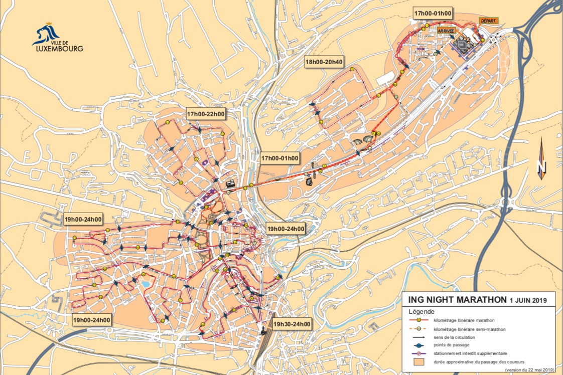 Plan de circulation de Luxembourg-ville lors de l’ING Night Marathon.  (Plan: Ville de Luxembourg)