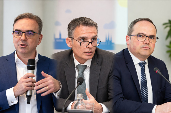 De gauche à droite, Claude Hirtzig (Spuerkeess), Jerry Grbic (ABBL) et Laurent Zahles (Raiffeisen) exposent les pistes du secteur bancaire pour soutenir l’accès au logement au Luxembourg. (Photos: Paperjam/archives; montage: Paperjam)