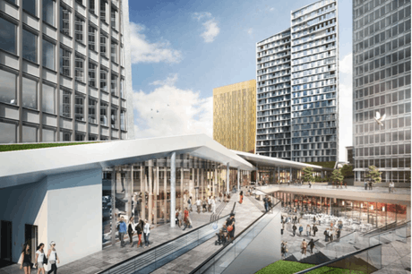 Les commerces répartis autour d’un parvis seront accessibles via un escalier monumental et reliés via un tunnel au parking de l’Europe. (Illustration: Immobel)
