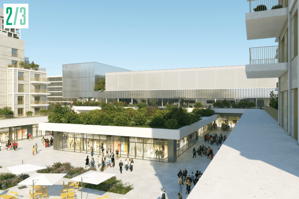 Le projet Perspectiv’ se développe autour d’une grande place commerciale réunissant services, logements et loisirs.  (photo : Perspectiv’)