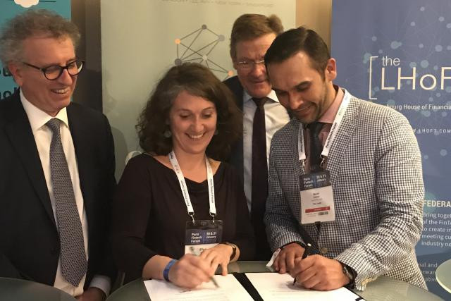 Cérémonie de signature d’un accord de coopération entre la LHoFT et B-Hive en présence de Pierre Gramegna. (Photo: ministère des Finances)