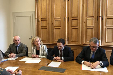 De gauche à droite: Patrick Guiné, directeur territorial Pôle emploi Moselle; Isabelle schlesser, directrice de l’Adem; Dan Biancalana, bourgmestre de la Ville de Dudelange et Nicolas Schmit, ministre du Travail, de l’Emploi et de l’Économie sociale et solidaire (Photo: Adem)