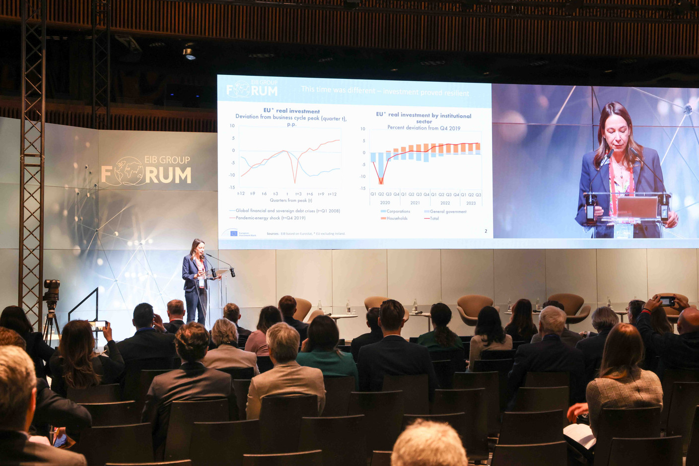 Debora Revoltella, économiste en chef à la Banque européenne d’investissement, présentant le rapport d’investissement de la BEI 2023-2024 lors du Forum du groupe BEI. (Photo: Marie Russillo/Maison Moderne)