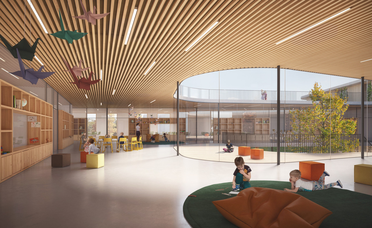 Au cœur des bâtiments, des patios végétalisés offrent une relation privilégiée avec l’extérieur et un important apport de lumière naturelle. (Illustration: Schemel Wirtz Architectes Associés et Franz&Sue)