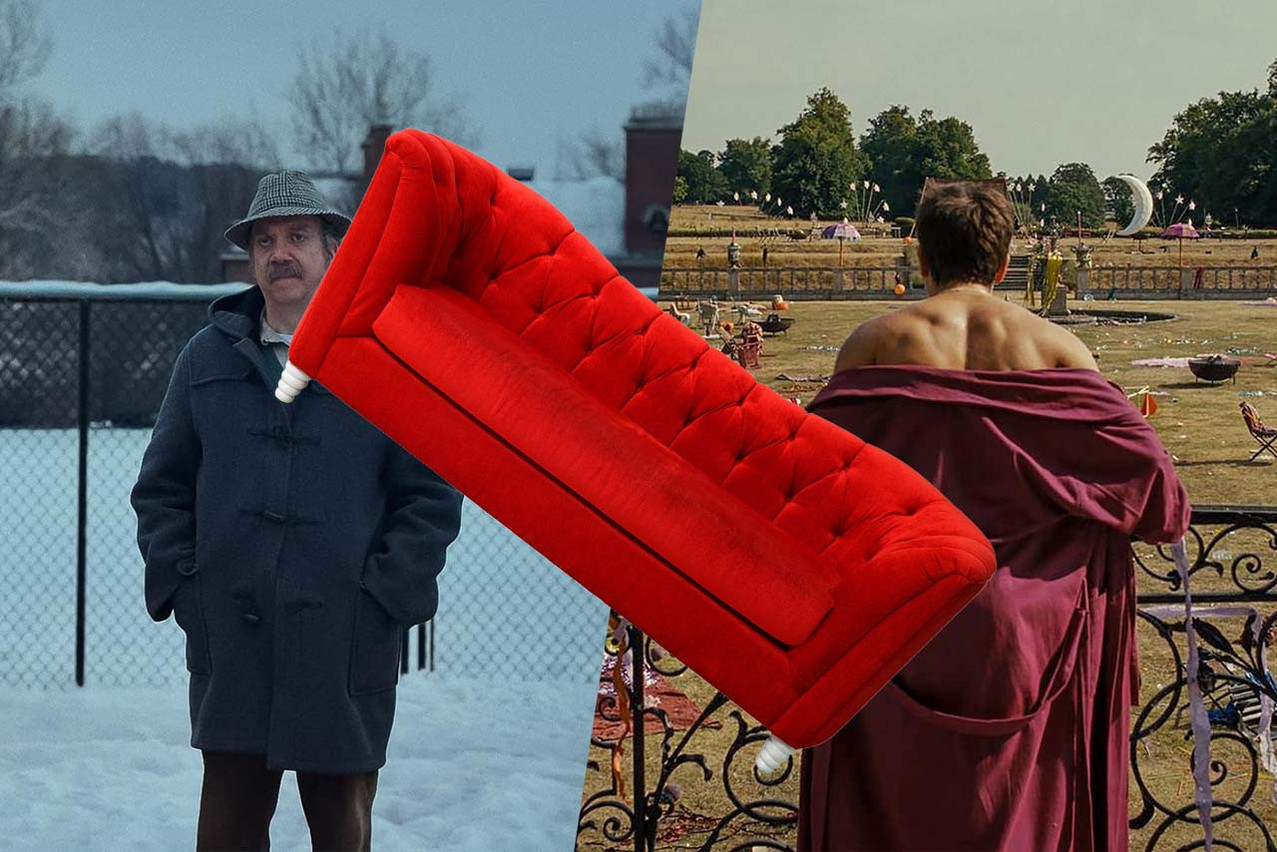 One of these characters is a twisted mofo and the other one smells like fish. Photos: The Holdovers IMDB page, Saltburn IMDB page, Shutterstock; Montage: Maison Moderne