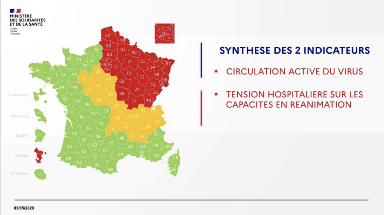 Les trois départements limitrophes du Luxembourg – la Meuse, la Meurthe-et-Moselle et la Moselle – sont classés rouge. (Illustration: Santé Publique France)