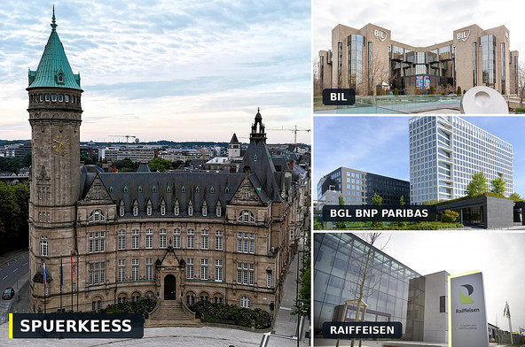 La Spuerkeess propose le parcours immobilier le plus numérisé. Elle se classe dans la catégorie des «digital challengers», devant BGL BNP Paribas et Bil, considérées comme des «digital followers». Raiffeisen figure dans la catégorie inférieure des «digital laggards». (Photos: Spuerkeess, BGL BNP Paribas, Raiffeisen, Paperjam; montage: Paperjam)