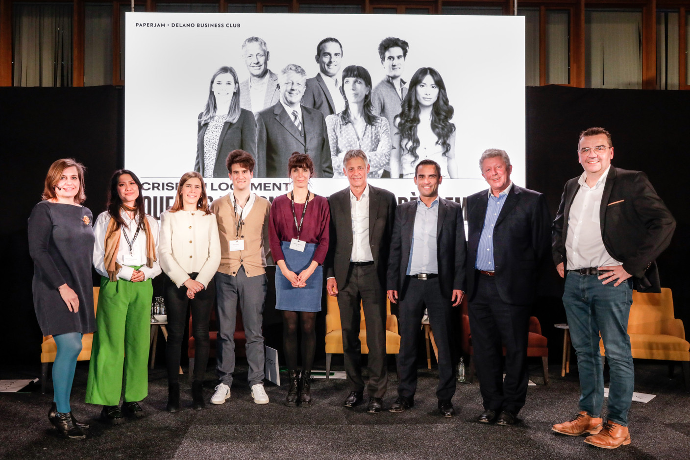 Céline Coubray (Paperjam Architecture + Real Estate), Chloé Timmerman (Piratepartei), Elisabeth Margue (CSV), Max Leners (LSAP), Nathalie Oberweis (déi Lenk), Henri Kox (ministère du Logement), Max Hahn (DP), Roy Reding (ADR) et Nicolas Léonard (Paperjam). (Photo: Marie Russillo/Maison Moderne)