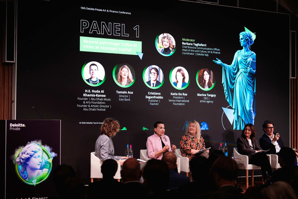 From left to right: Barbara Tagliaferri, head of art & finance coordinator at Deloitte Italy; Katia Da Ros, president of the Venice International Foundation; Huda Al Khamis-Kanoo, founder of the Abu Dhabi Music & Arts Foundation; Tamsin Ace, director of East Bank; Marine Tanguy, founder and CEO of MTArt Agency, and Cristiano Seganfreddo, publisher of Flash Art, during the panel “Beyond patronage: cultural cities as strategic capital” at Deloitte’s Art & Finance Conference in Venice. (Photo: Deloitte) 