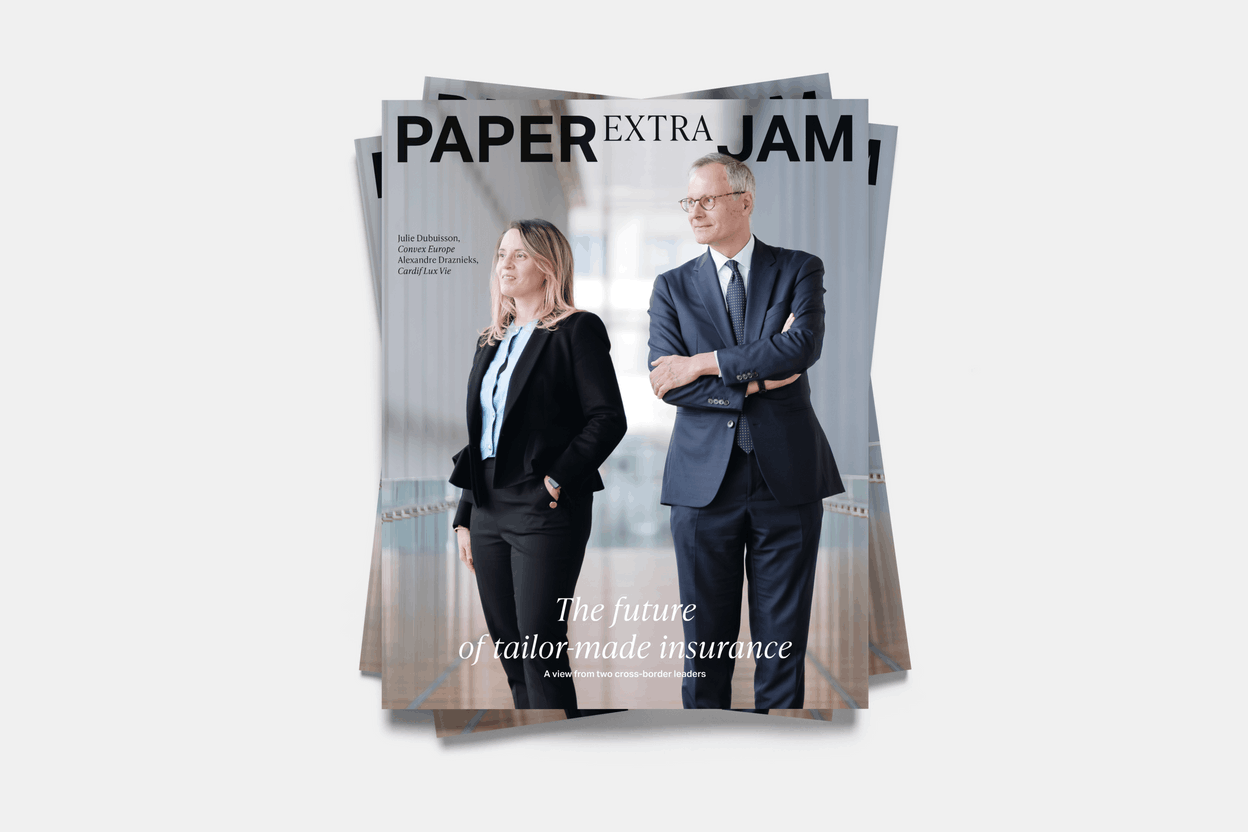 The CEOs of Cardif Lux Vie and Convex Europe, Alexandre Draznieks and Julie Dubuisson, on the cover of Paperjam's new Insurance supplement. (Photo: Paperjam)