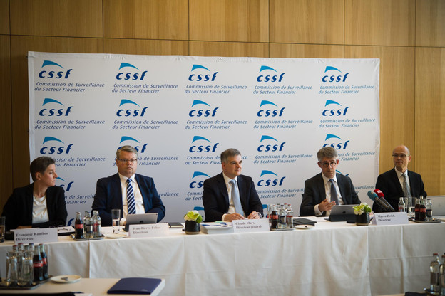 La direction de la CSSF a présenté, ce jeudi, son rapport annuel pour l’année 2018. De gauche à droite: Françoise Kauthen, Jean-Pierre Faber, Claude Marx, Marco Zwick et Claude Wampach. (Photo: Nader Ghavami)