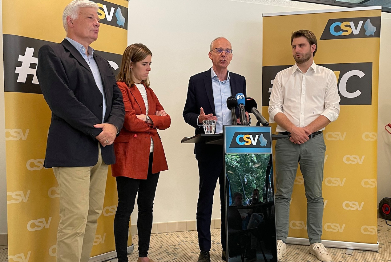 (De gauche à droite) Claude Wiseler, Elisabeth Margue, Luc Frieden et Alex Donnersbach de la conférence de presse du 19 juin lors de laquelle le CSV a présenté ses dix priorités du pour les élections nationales d’octobre. (Photo: Maison Moderne)