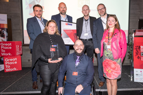 Thibault Monin, Isabelle Poujol-Lamain, Emmanuel Adam, Steewe Lefay, Stéphane Secco, Frédéric Veynachter et Christina Hagen représentaient CTG Luxembourg lors de la soirée Great Place to Work fin mars. (Photo : Great Place to Work)