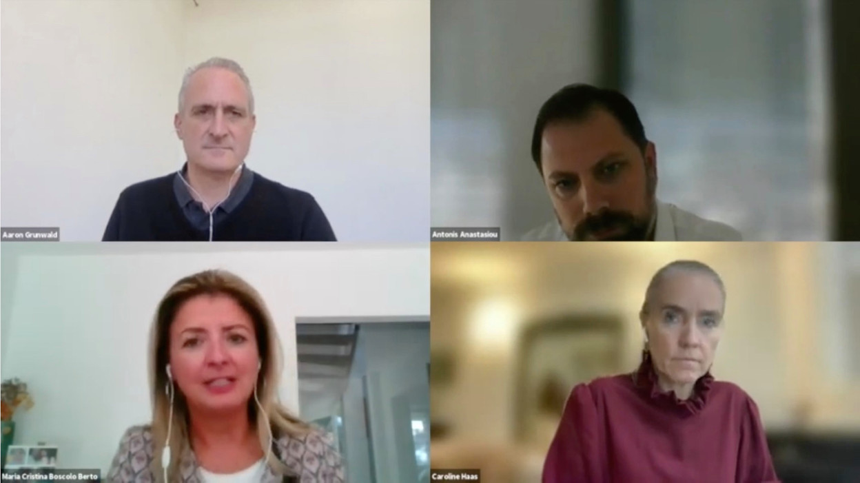 Antonis Anastasiou of Alter Domus, Maria Cristina Boscolo of Lombard and Caroline Haas of NatWest spoke with Delano’s Aaron Grunwald during a British Chamber of Commerce for Luxembourg panel, 8 October 2021. Image: BCC/Youtube screengrab