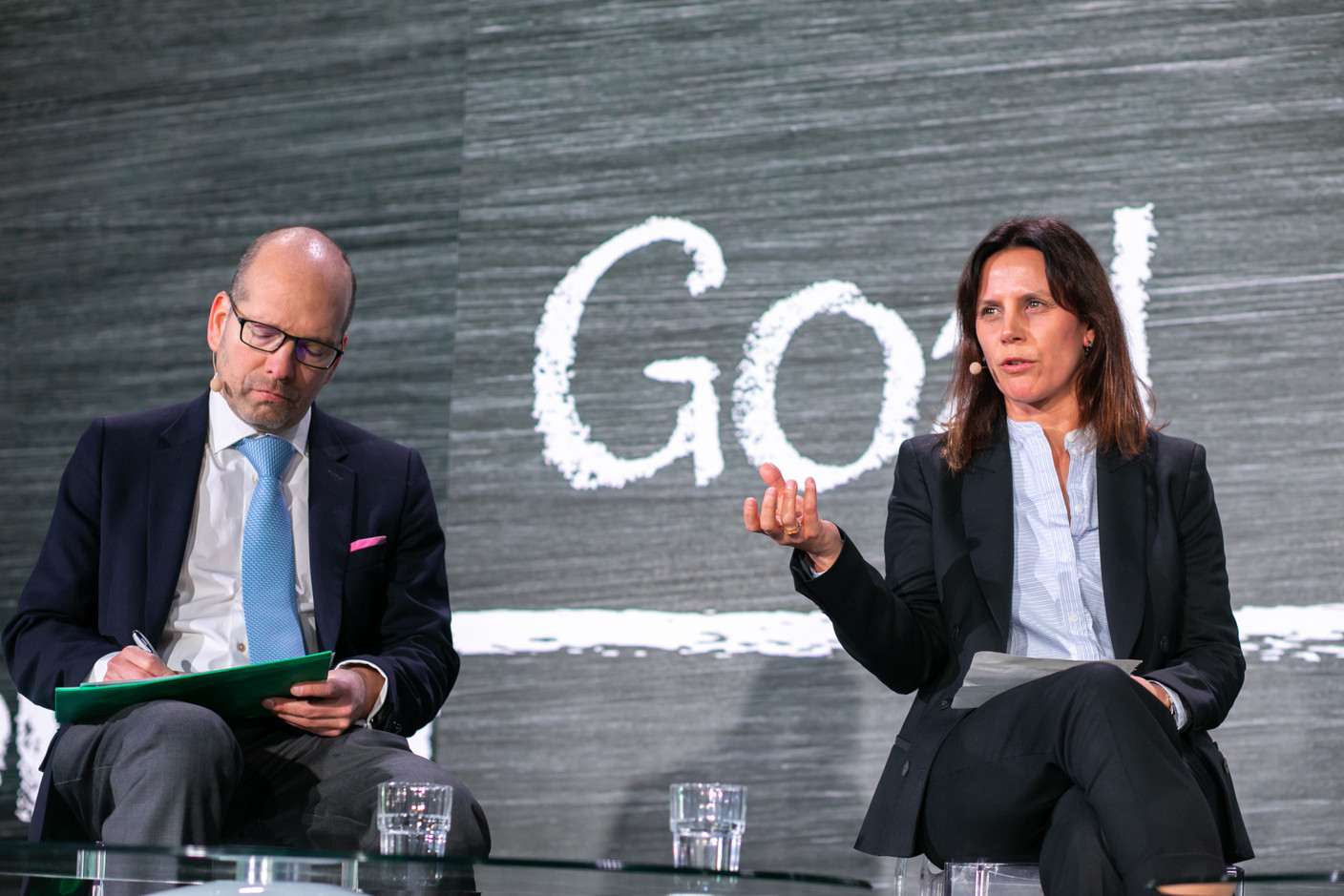 Jean-Marc Goy, Capital Group, and Emily Smart, Abrdn are seen during the “Improving value for investors: is drastic change needed for success?” panel at Alfi’s European Asset Management Conference, 22 March 2023. Photo: Matic Zorman / Maison Moderne