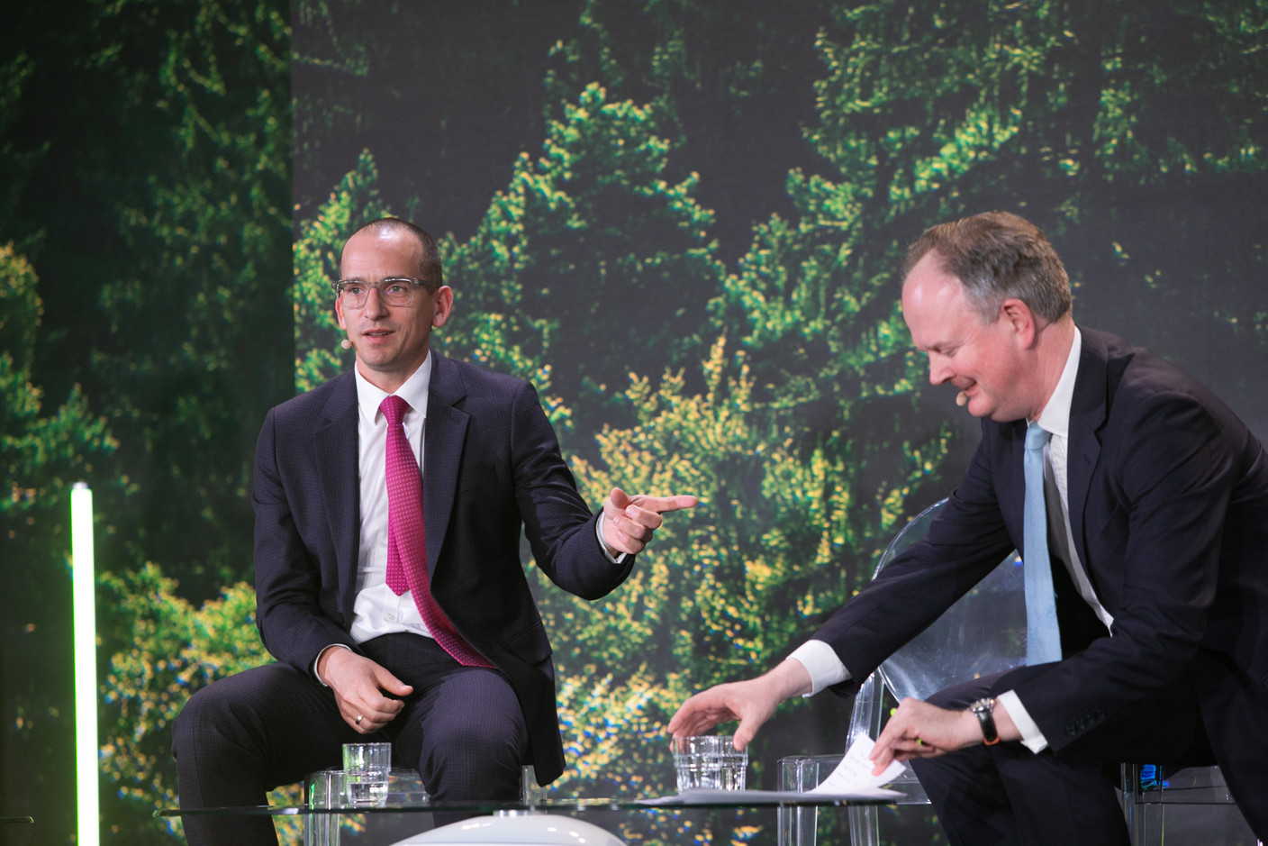 Henrik Pontzen, Union Investment Institutional, and Thomas O’Malley of HSBC Asset Management is seen speaking on the “Implementing ESG principles in practice to develop investment fund products” panel during Alfi’s European Asset Management Conference, 22 March 2023. Photo: Matic Zorman / Maison Moderne