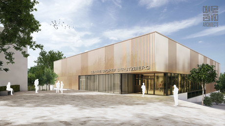 Les usagers accéderont au futur centre sportif par une esplanade située devant l’école existante. (Illustration: Christian Bauer & Associés Architectes)
