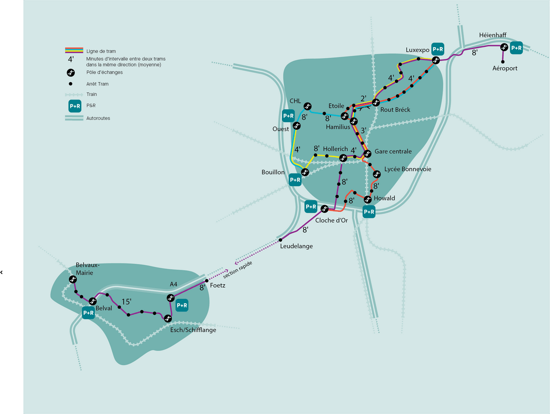 Le réseau du tramway prévu à l’horizon 2035 par le PNM 2035, avec les lignes rouge, jaune, bleue et mauve.  (Photo: ministère de la Mobilité et des Travaux publics)