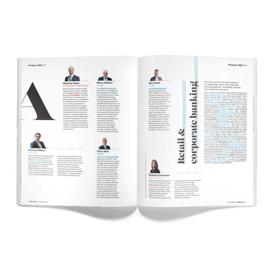 Delano’s 100 finance movers & shakers issue features profiles of 100 top influencers, plus lists of key names-to-know in several industry segments. Photo: Maison Moderne