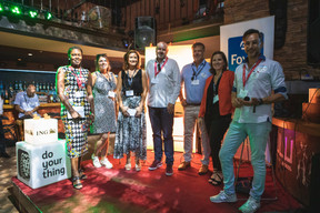 Abigail Okorodus (Maison Moderne), Alex McKell (Murals and Interior Decor), Sandy Wewer (Foyer), Duncan Roberts (Maison Moderne), Louis Wright (Calastone), Barbara Daroca (ING) et Pierre-Yves Lanneau Saint Léger (Paperjam + Delano Club). (Photos: Eva Krins/Maison Moderne).