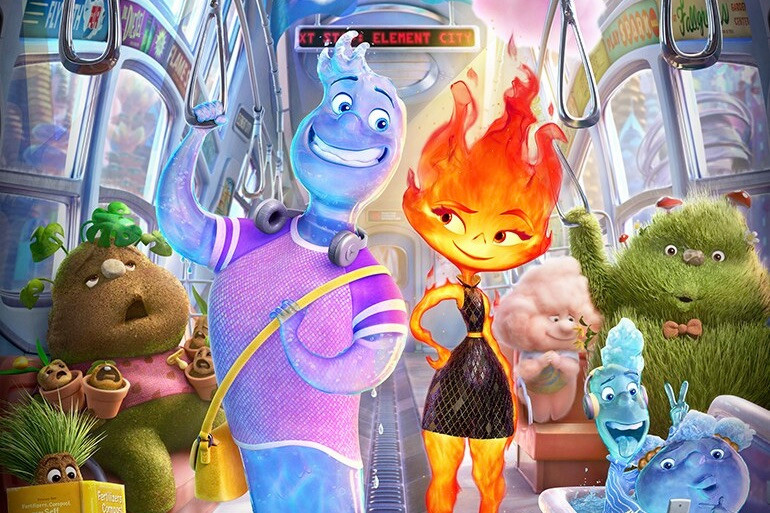 Elemental (2023) is an animated Pixar/Disney film where characters made up of different elements of nature--fire, water, earth and air--live together in Element City. Image: Walt Disney Pictures