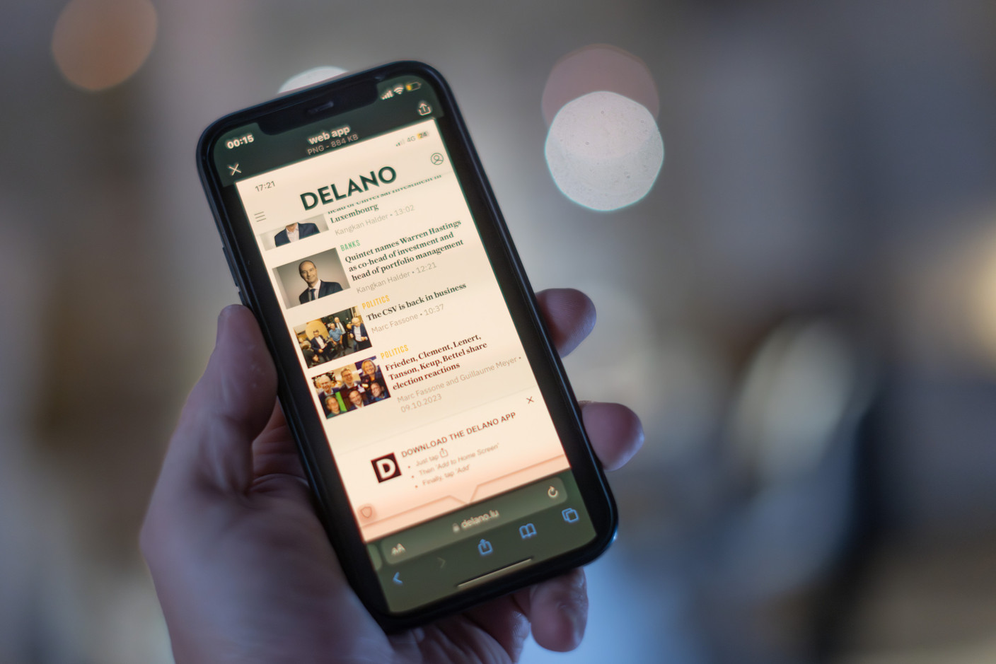 On Apple IOS devices, go to Delano.lu and look for a popup window that reads: “Download the Delano app”. Click on the IOS share icon (a square with an arrow pointing upwards). Image: Maison Moderne