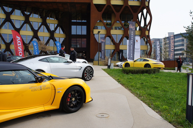 Not what you'd expect to see in the KPMG Luxembourg car park. Luxury car dealers displayed their vehicles outside the company's building during the conference on Tuesday 2 April Delano
