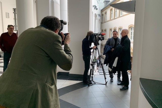 Maitre Pol Urbany with his client André Kemmer are pictured at the court house in Luxembourg City on 25 June 2020 Nader Ghavami