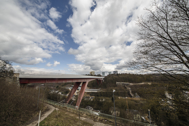 Photo shows the iconic red bridge linking the city centre to Kirchberg Jan Hanrion