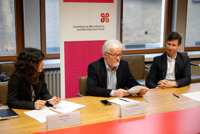 Laura Foschi (ADA), Raymond Schadeck and Kaspar Wansleben (both LMDF) speaking during the Thursday press conference for the LMDF's 10th Romain Gamba/Maison Moderne