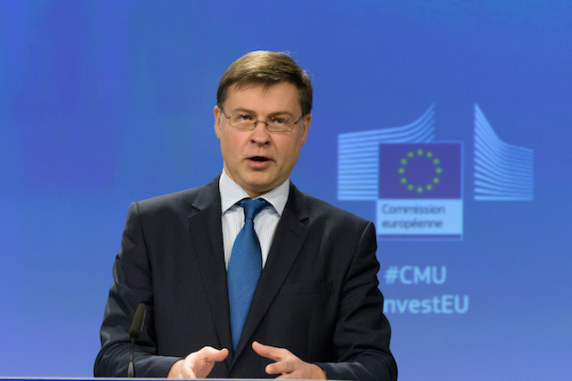 Valdis Dombrovskis, vice president of the European Commission, speaks at a press conference on proposed changes to EU financial regulations, in Brussels, 12 March 2018 European Commission/Georges Boulougouris