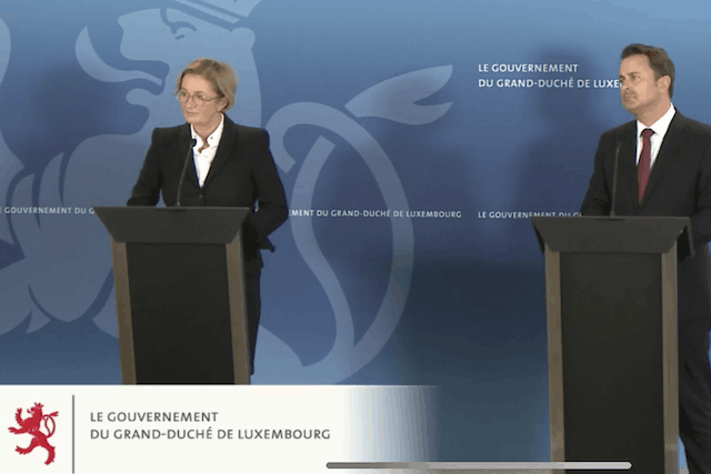 Health minister Paulette Lenert and Prime Minister Xavier Bettel speaking during a Friday afternoon press conference Video screengrab