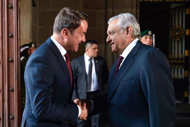 Luxembourg prime minister Xavier Bettel is pictured with Mexican President Andrés Manuel López Obrador at the Presidential Palace on 8 April Ministry of State