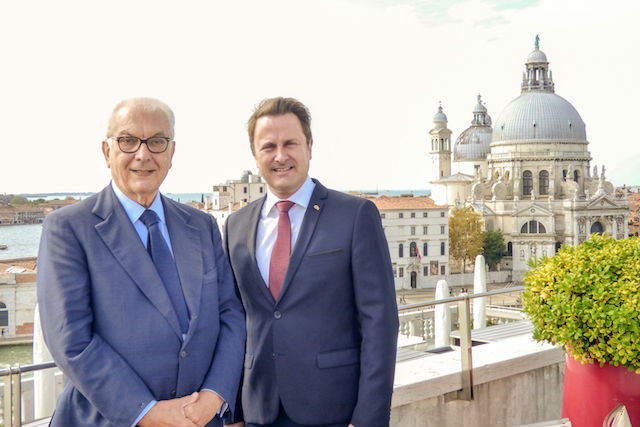 Paolo Baratta, Biennale foundation president, with Luxembourg prime minister and culture minister Xavier Bettel  Culture Minister