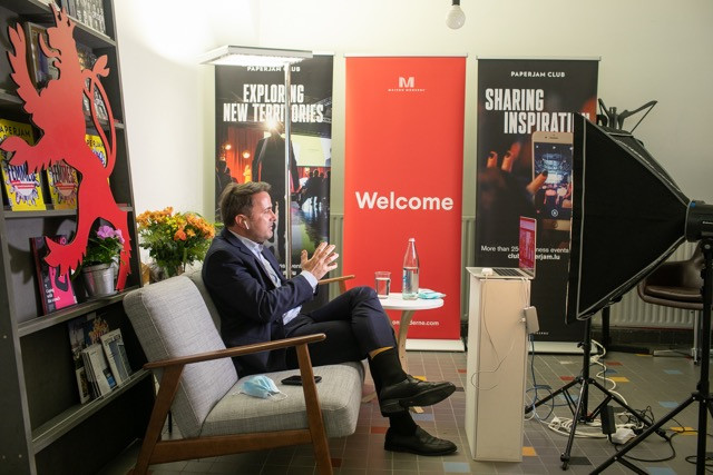 Xavier Bettel during the live chat with Nathalie Reuter in a makeshift studio in the lobby of Maison Moderne, 12 May 2020. The prime minister said he hoped that #bleiftvirsichteg (remain vigilant) could now replace the #bleiftdoheem (stay at home) hashtag that was the slogan of the confinement phase. Matic Zorman