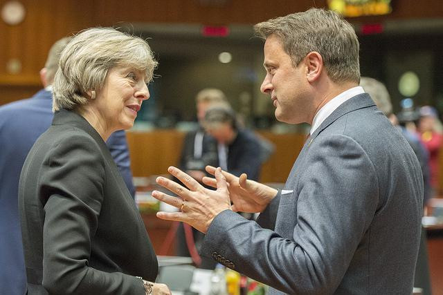 Luxembourg prime minister Xavier Bettel speaks with British prime minister Teresa May at an EU meeting in Brussels, in January 2017 Prime Minister’s Office (Crown Copyright)