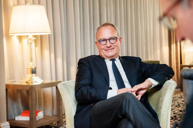 Franck Leloup, general manager of the Hotel Place d’Armes in Luxembourg City, speaks with Delano inside the hotel’s ground-floor lounge on 3 May 2017 LaLa La Photo