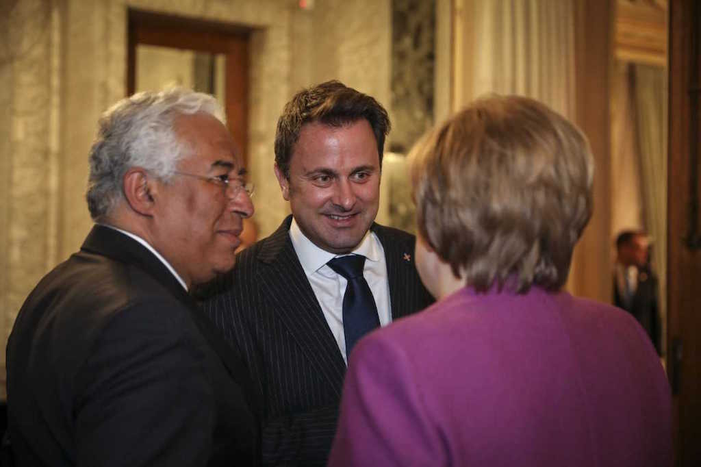 Xavier Bettel with Portuguese prime minister Antonio Costa and German chancellor Angela Merkel at an informal dinner in Brussels on Thursday evening. EU leaders hold an informal summit in the Belgian capital on Friday. ministère d'État